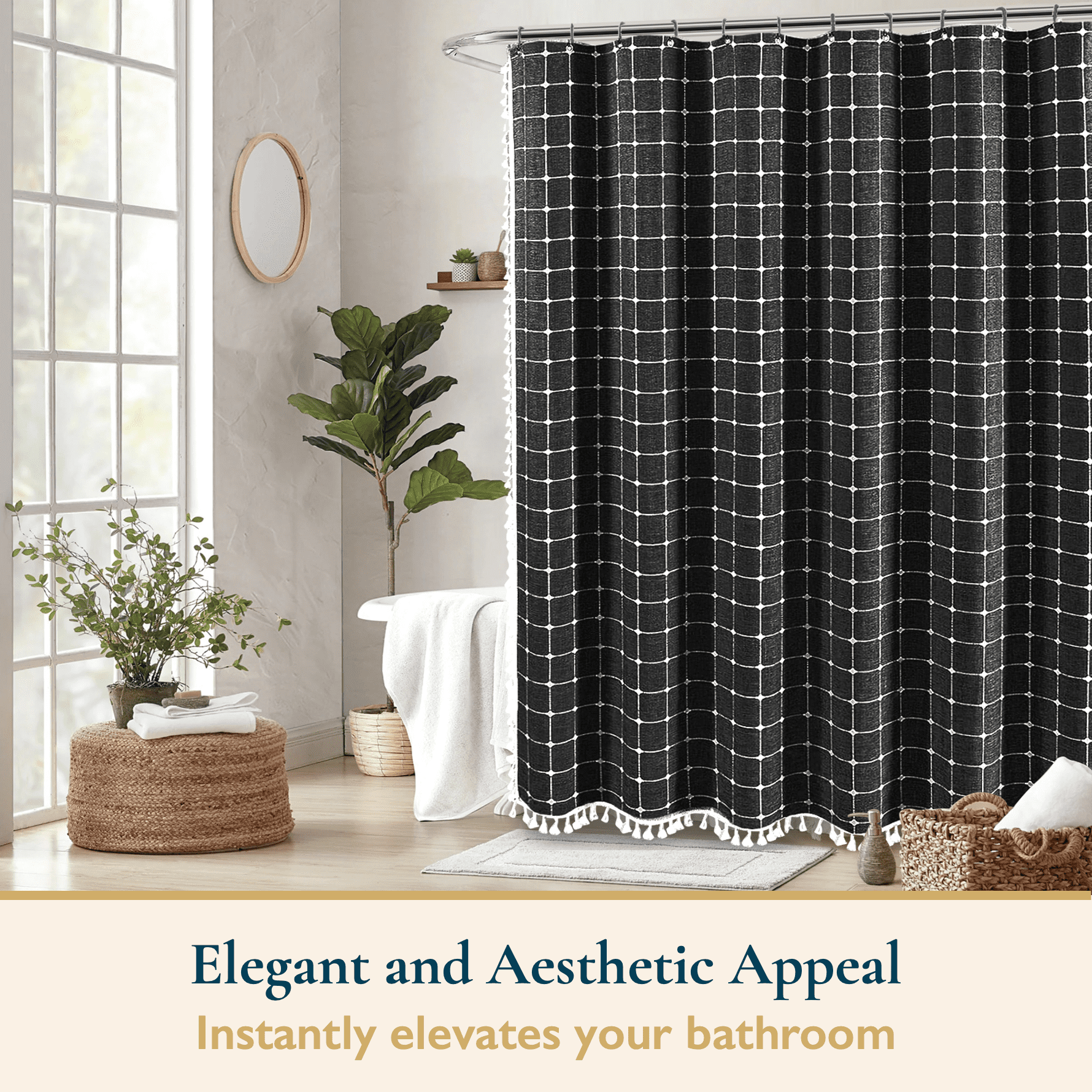 ComfiTime Tassel Shower Curtain Set with Hooks – 330 GSM Heavy-Duty Fabric Cloth, Boho Farmhouse Bathroom Curtain, Embroidered Hotel Luxury Linen, Water-Repellent, Machine-Washable, 72” x 72”, Black