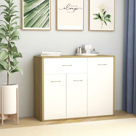 moobody Sideboard with Large Drawer and 3 Doors Engineered Wood Storage Cabinet White and Sonoma Oak for Living Room  Bedroom  Bathroom  Home Furniture 34.6 x 11.8 x 27.6 Inches (W x D x H)
