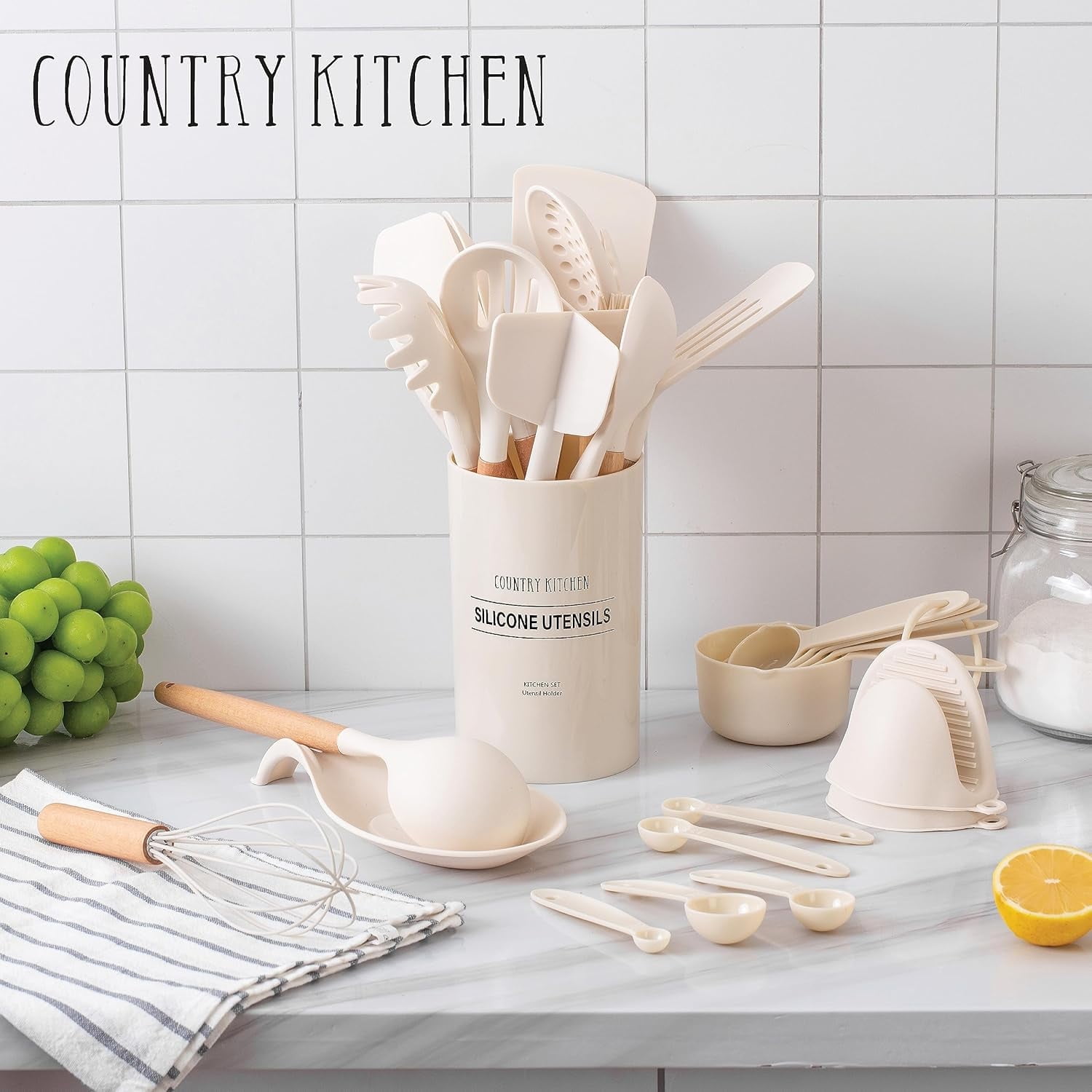 Country Kitchen 38-Pc Cooking Utensils Set Silicone Spatula & Kitchen Gadgets, Khaki