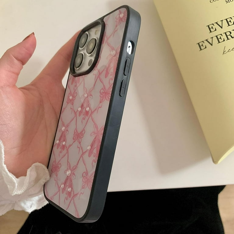 Pink Bow Ribbon Phone Case for iPhone 15 Pro Max with Pearl Beade