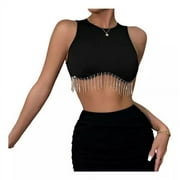 Crop Top Con Flecos De Brillos Para Mujer Polera Corta Sin MangasMe Senorita Lider.cl