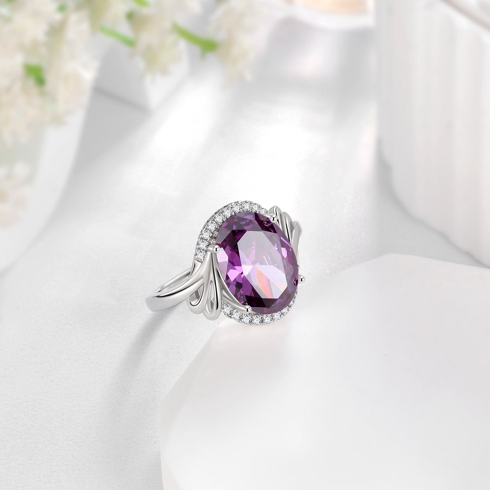 Juwaliy Halo Oval 8Ct Women Ring 925 Sterling Silver February Birthstone Amethyst Purple Crystal Jewelry Mother Grandma Birthday Valentine's Day Gift