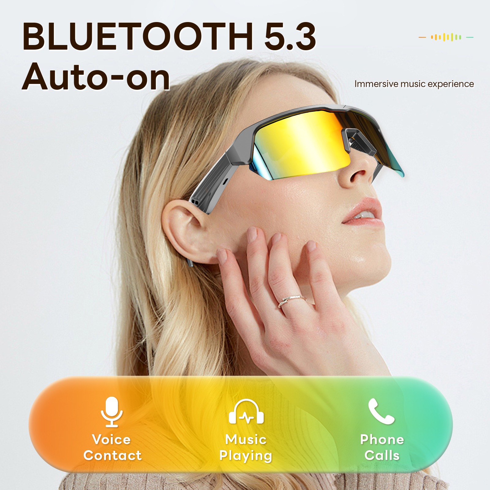 Sports Smart Sunglasses, Bluetooth Cycling Glasses with Polarized Lenses, Open Ear Music Speakers, Gold