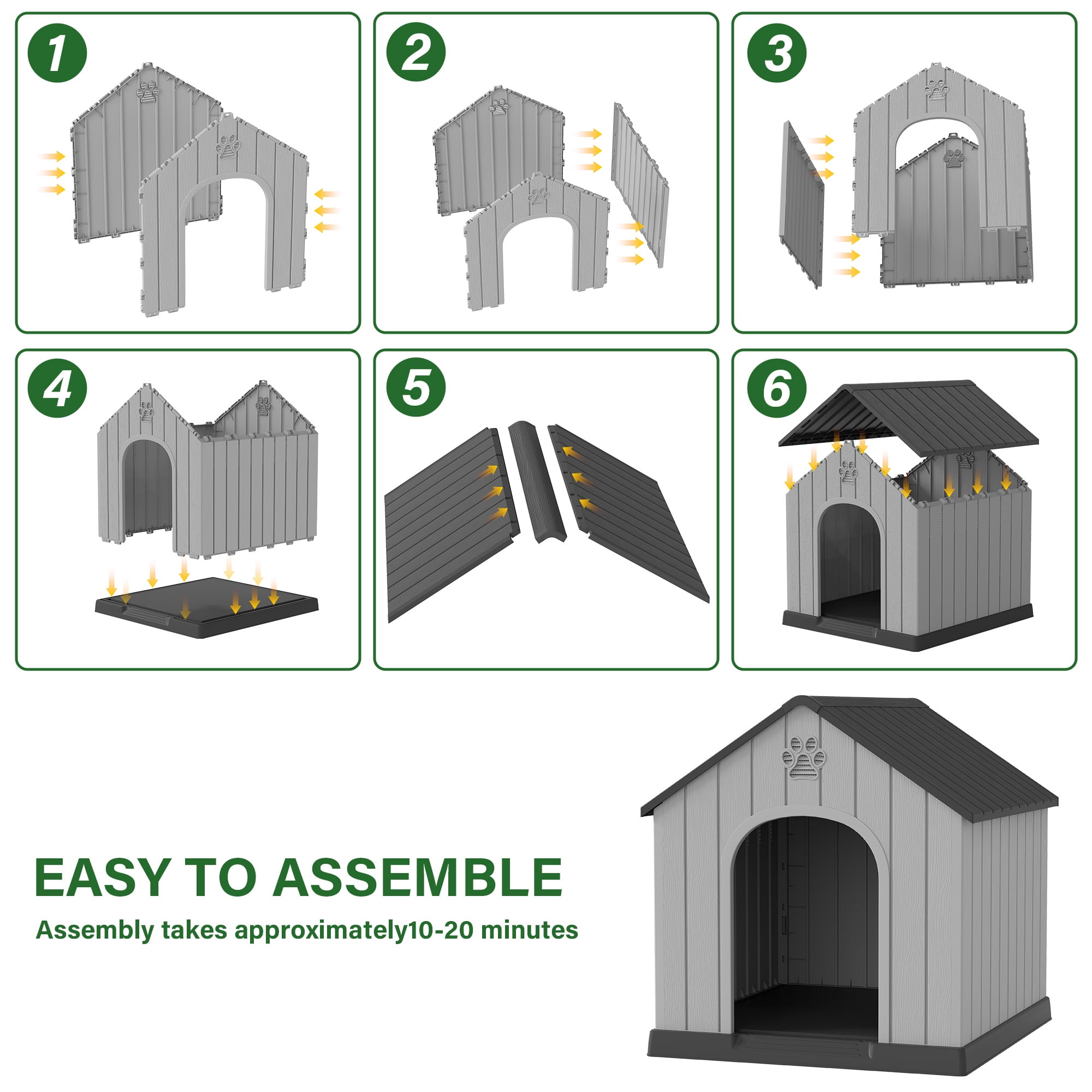 LHBcraft Large Dog House for Medium Large Dogs,Durable PP Waterproof Dog Shelter with Air Vents & Elevated Floor,Easy Clean and Assemble for Outdoor & Indoor,Black