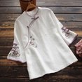 thumbnail image 3 of Srogem Cotton Linen Tops Summer 3/4 Sleeve Chinese Frog Blouses Traditional Mandarin Embroidered Jacquard Shirts, 3 of 4