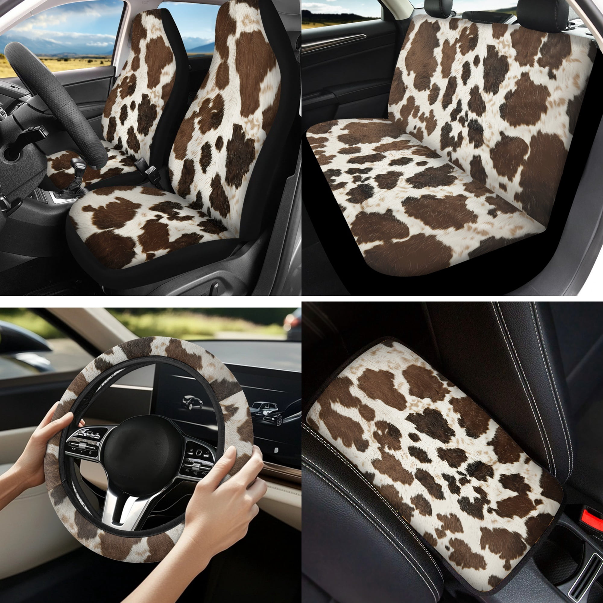 Jeiento Brown Cow Print Car Seat Covers Front Rear Split Bench Full Set Steering Wheel Seat Belt Pads Coasters Armrest Pad Keychain Chapstick Holder, 13 PCS Automobile Interior Sets
