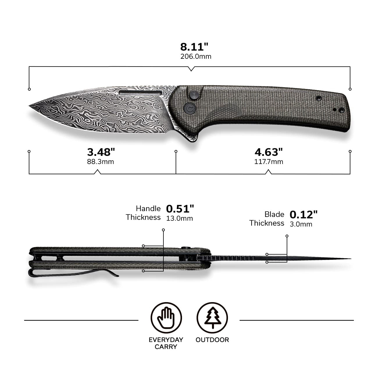 CIVIVI Pocket Knife Conspirator Button Lock Folding Knife 3.48" Damascus Blade, Dark Green Micarta Handle C21006-DS1