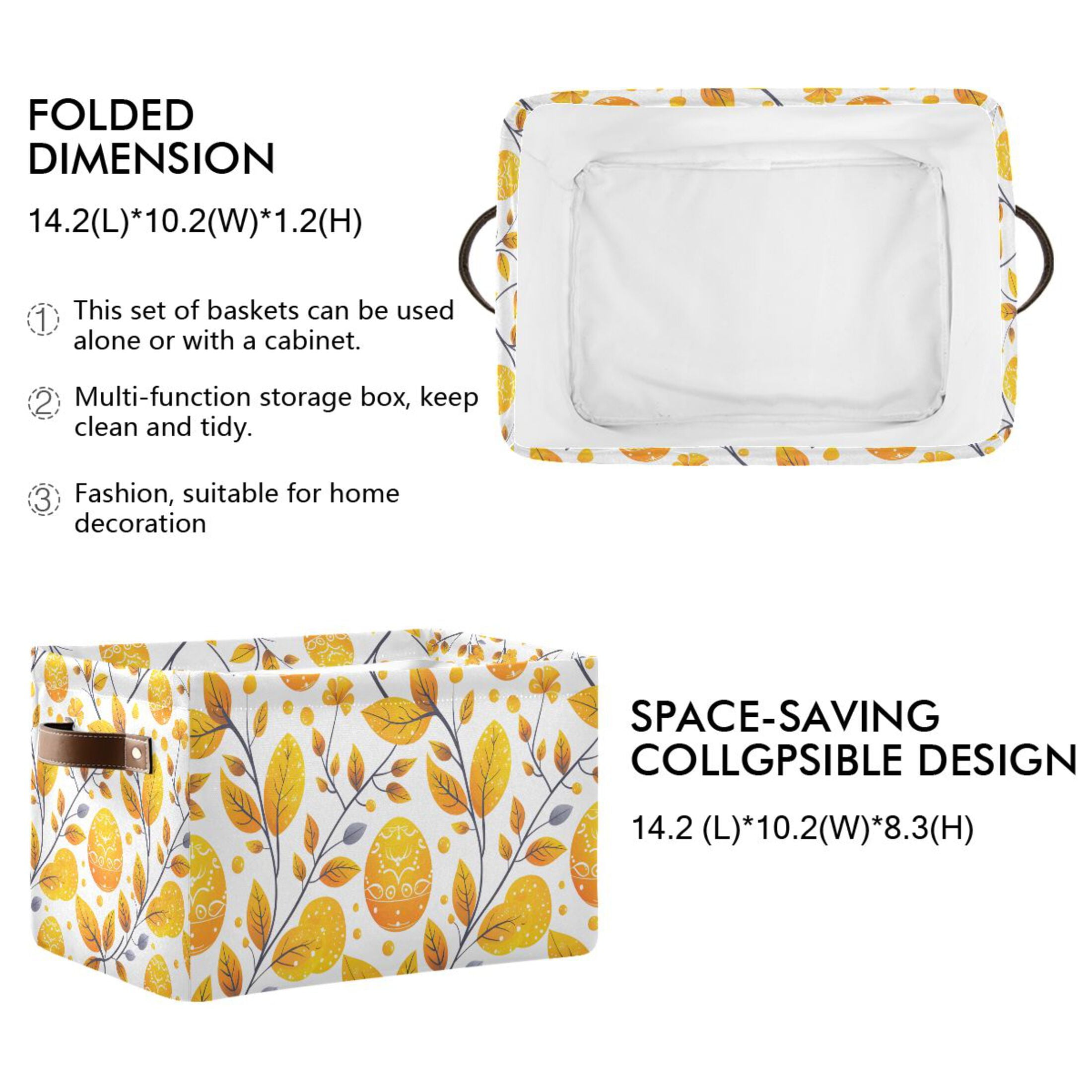 Ryvnso Easters Egg and Leaves Storage Basket Large Bin Foldable Boxes Toys Organizer 14.2x10.2x8.3in 2 PCs