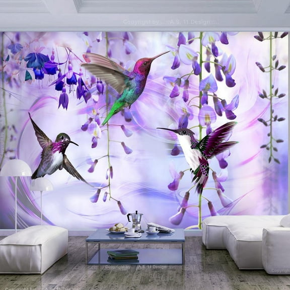 Tiptophomedecor Peel and Stick Animal Wallpaper Wall Mural - Flying Hummingbirds Violet - Removable Wall Decals