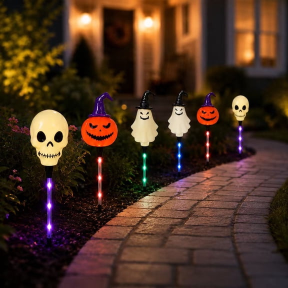 6 Piece Halloween LED Pathway Stake Lights with Skull, Pumpkin and Ghost Designs, Outdoor Halloween Decor for Yard, Garden and Walkway