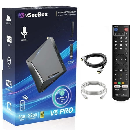 2025 Vseebox V5 PRO Version Voice Control, 8K HDMI&Ethernet Cable, Android 12, 4GB RAM, 32GB Storage (Easy Setup, Lifetime Tech Support)