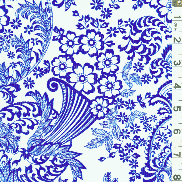 Blue Floral Oilcloth, Fabric By the Yard