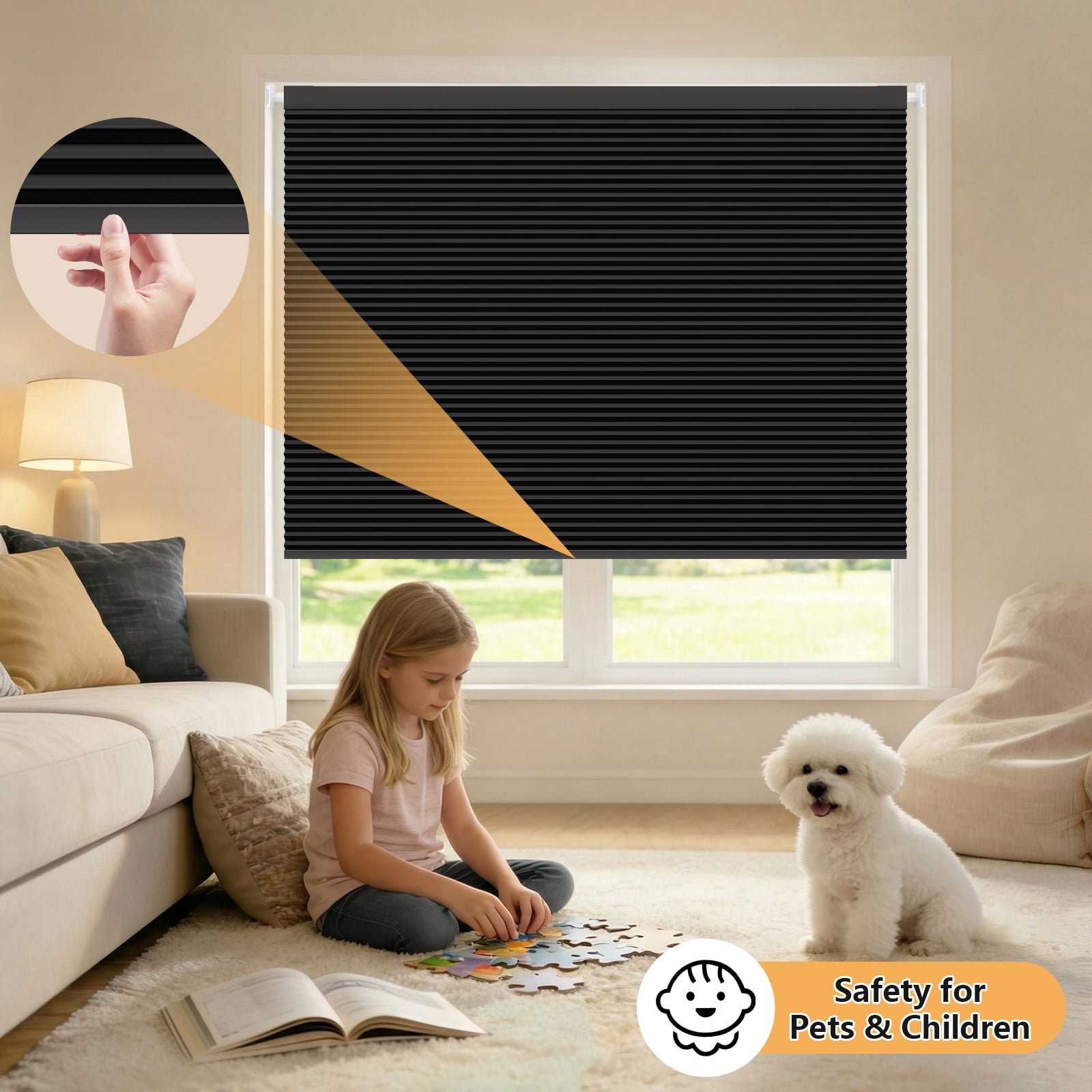 Jane Stone No Drill 34x48" Blackout Cellular Shades, Cordless Free Stop Honeycomb Blinds, Thermal Insulating & Noise Reducing Window Blinds, Black