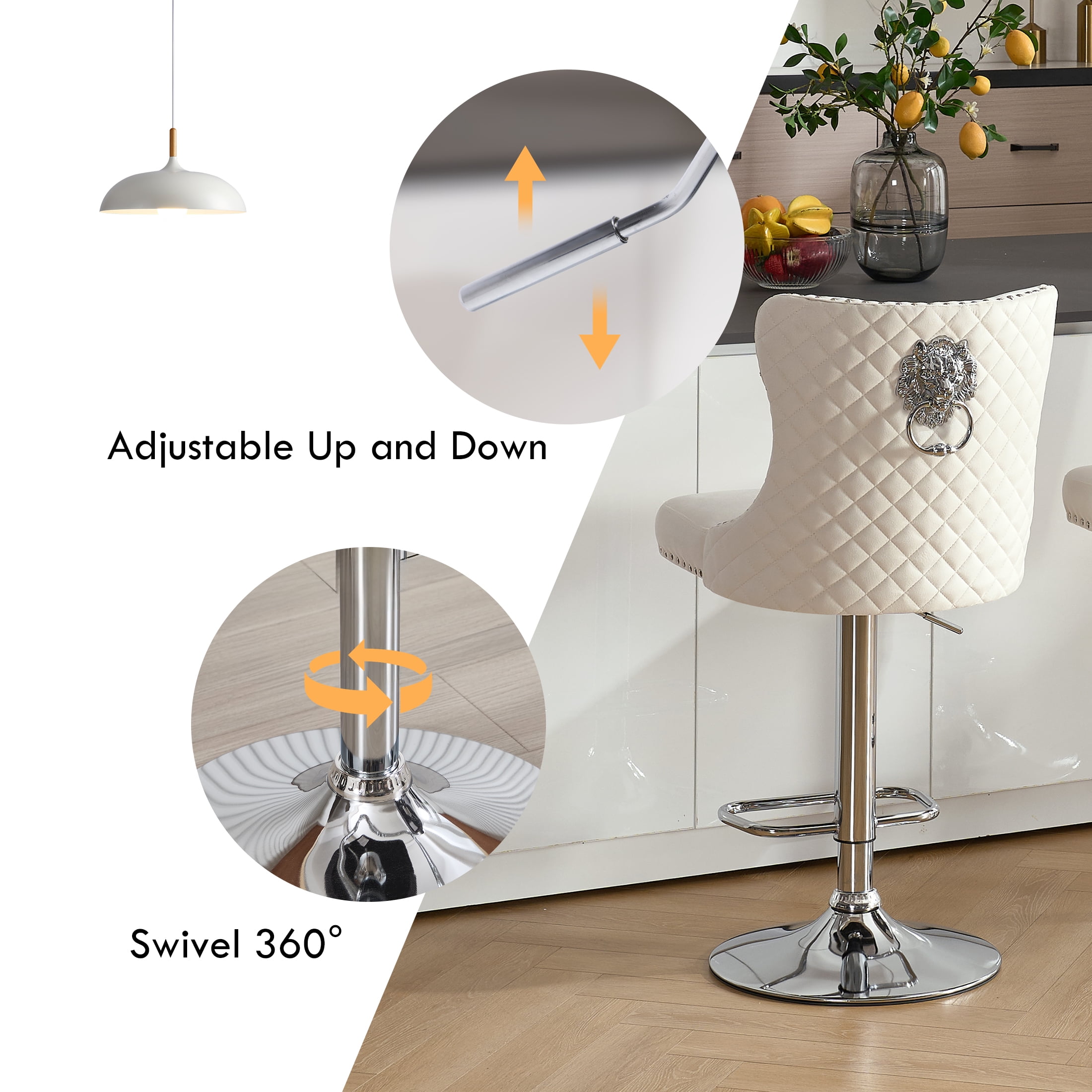 Velvet Bar Stools Set of 4 Modern Counter Height Bar Stools with Lion Pull Ring Tufted Back, Nailhead Upholstered Barstools for Home Kitchen Island, Swivel Adjustable Stool Chair in Cream