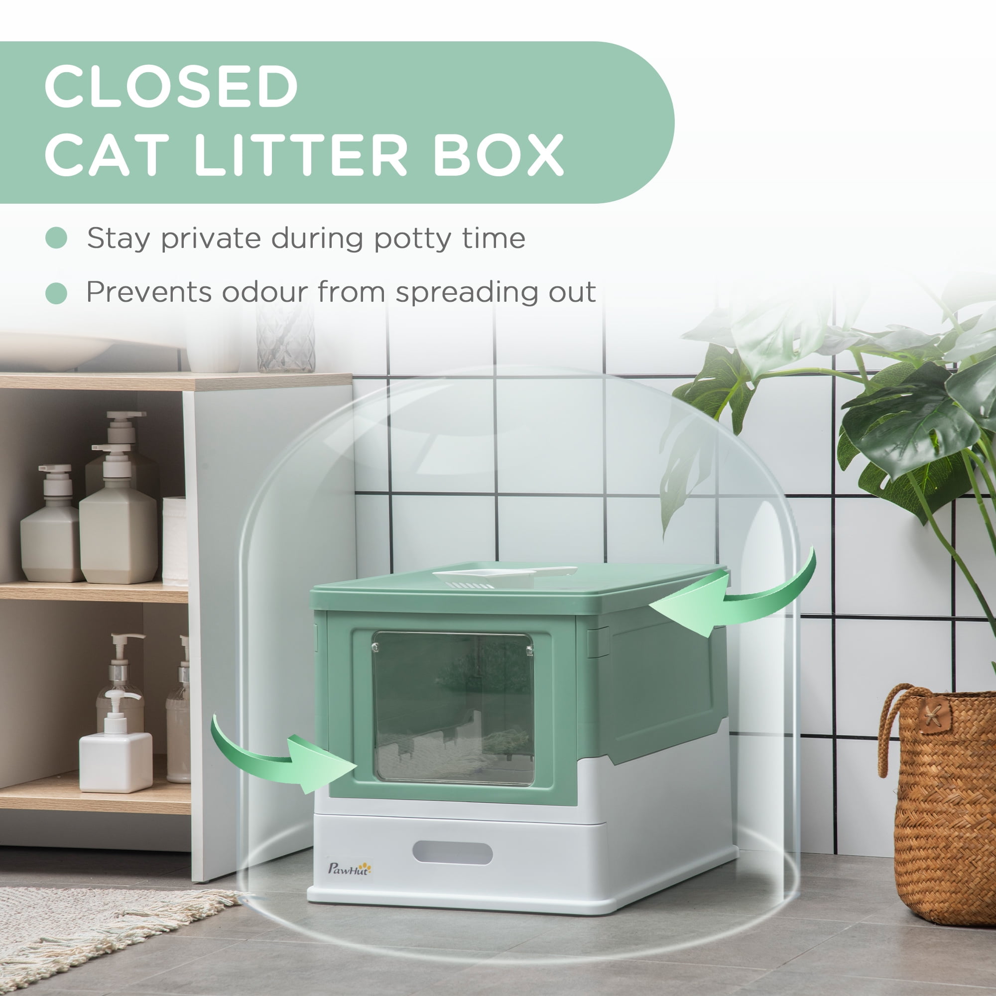 PawHut Fully Enclosed Cat Litter Box with Front Entry, Top Exit, Green