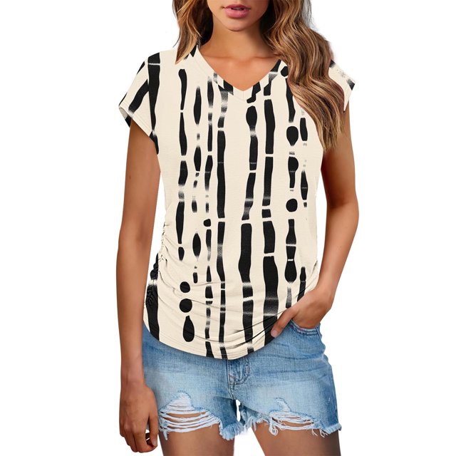 Staron Summer Tops for Women 2025 Ruched Casual Tunic Tops Short Sleeve Summer V Neck Basic Tees Shirts