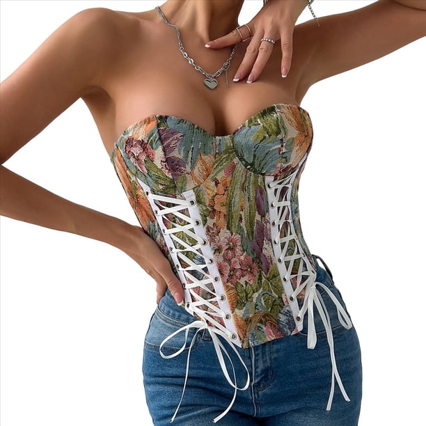 Tops de Corsé para Mujer, Estilo Renacentista, con Encaje Floral, Sobre el Busto y Corpiño con Ballenas Flores S