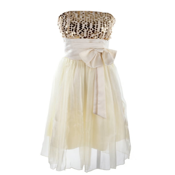 Womens Yellow Gold Sequin High Waisted Bow Strapless Tube Top Dress ...