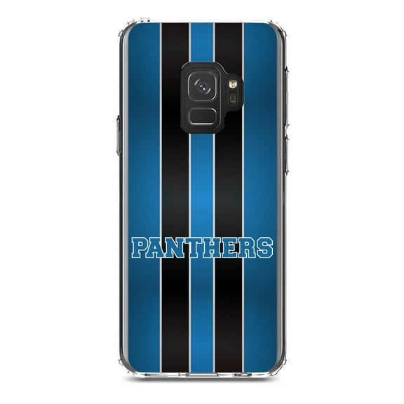 DistinctInk Clear Shockproof Hybrid Case for Samsung Galaxy S9 (5.8" Screen) - TPU Bumper, Acrylic Back, Tempered Glass Screen Protector - Blue Black Panthers - Football Team
