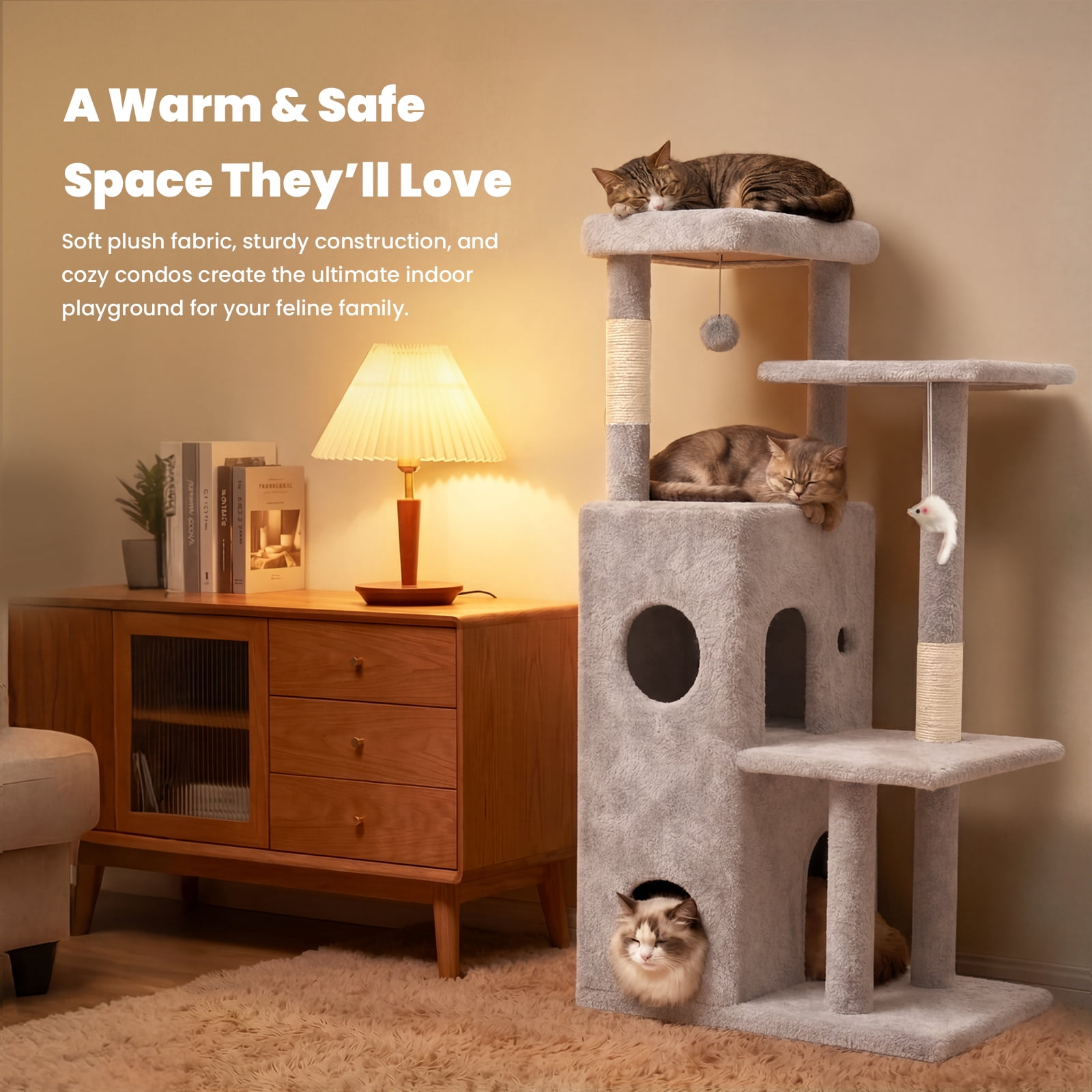 50 in Cat Tree Tower for Large Cats - Tall Cat Cando with Scratching Posts & Dangling Toys for Indoor Cats, Light Gray, 23.20 x 21.60 x 50.00 in