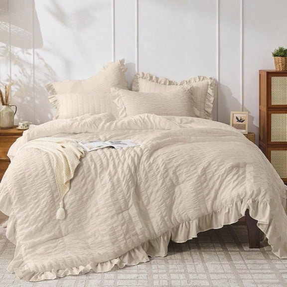 Beige Queen Comforter Set 3 Pieces Seersucker Comforters Queen Size Lightweight Fluffy Bedding Sets Queen for All Season with 1 Ruffle Comforter and 2 Ruffle Pillowshams