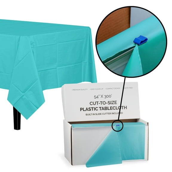 Exquisite 54 Inch X 300 Feet Aqua Plastic Table Cover Roll in A Cut - to - Size Box with Convenient Slide Cutter. Cuts Up to 36 Rectangle 8 Feet Plastic Disposable Tablecloths