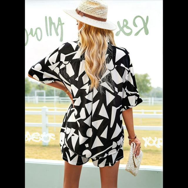 Conjunto Deportivo Informal de Verano para Mujer, de 2 Piezas, con Blusa y Estampado Floral, Larga y Botones, Color Negro y XL
