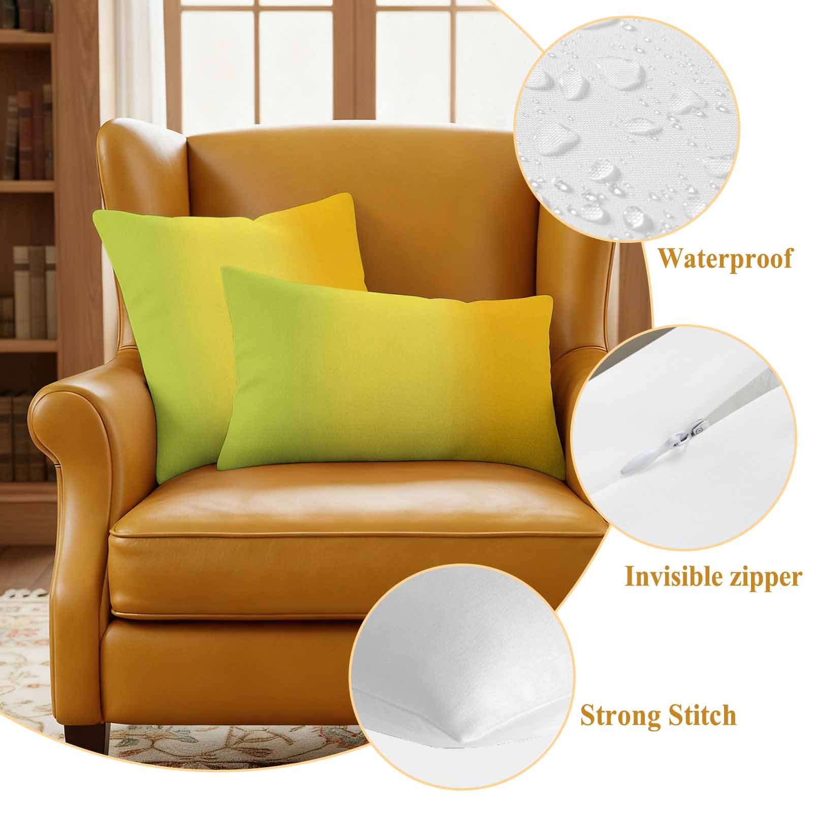 Green Yellow Orange Outdoor Waterproof Throw Pillow Covers 24x24 Set of 2, Vertical Striped Modern Color Decorative Pillowcases Cushion Pillowcase for Couch Sofa Patio Outside Pillow Protector