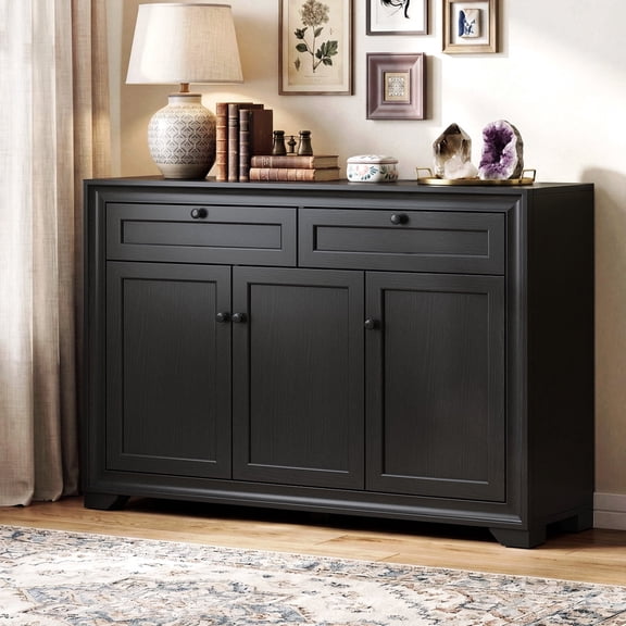 ROGALIS 48" Buffet Cabinet with Storage, Black Coffee Bar with 3 Doors, 2 Drawers and Adjustable Shelves, Modern Sideboard Cabinet for Kitchen, Dining Room, Living Room, Black