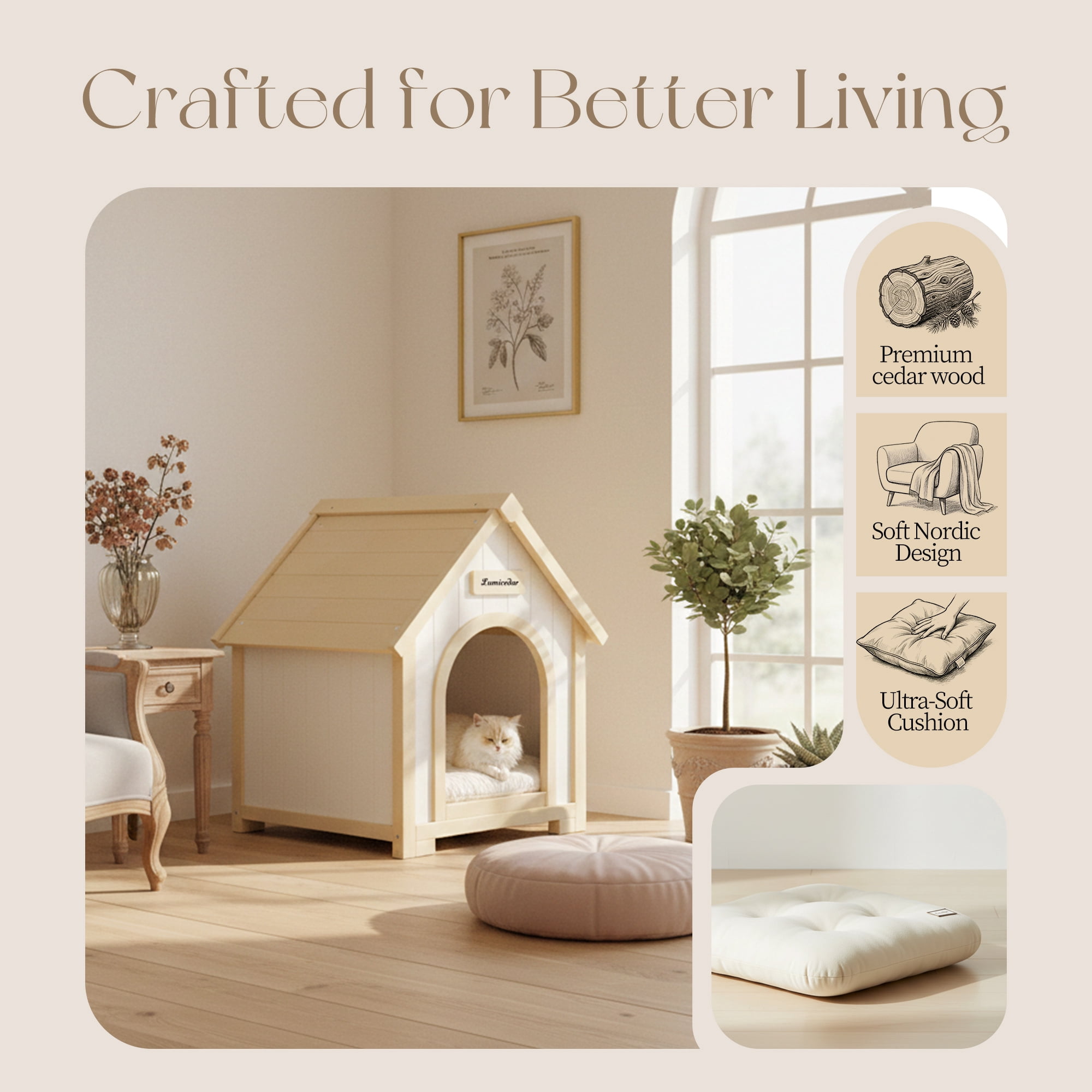 27.6'' FSC Certified Solid Cedar Wood Pet House - for Small Dogs & Cats,Arched Door & Soft Dog Bed,A-Frame Wooden Dog HouseWooden Dog Condo with Elevated Roof,Creamy White+Light Yellow