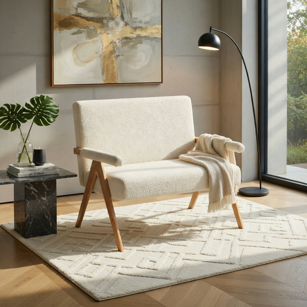 Hommoo Loveseat Sofa with Wooden Legs, Sherpa Fabric Upholstered 2-Seater Couch for Compact Living Room, Dorm & Office Sofa, Beige