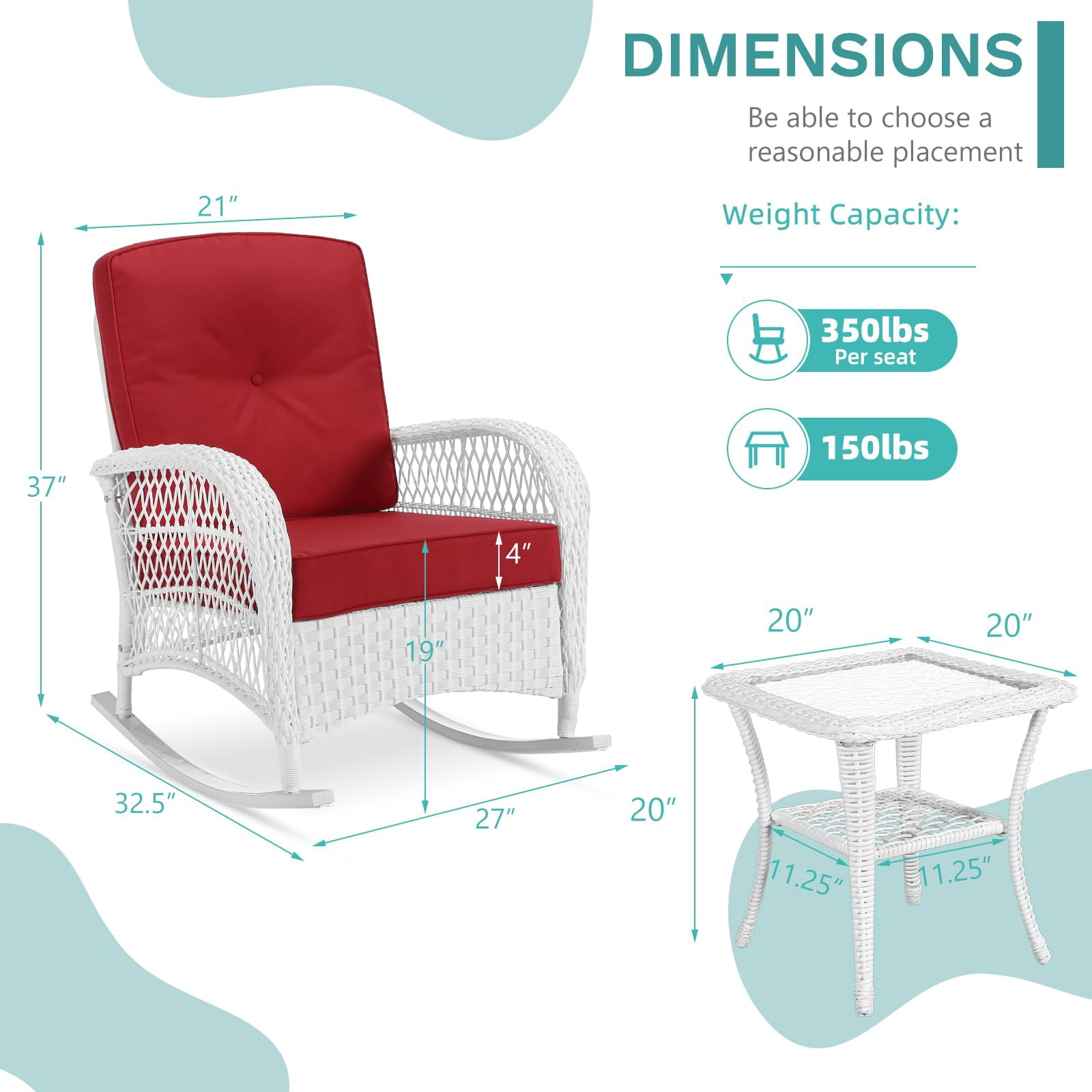 MEETWARM 3 Pieces Patio Conversation Set, Rattan Outdoor Rocking Patio Bistro Set with 2 Rockers and 1 Side Table with 4" Thick Cushions, Outdoor Furniture Set for Porch Backyard, White Wicker/Red