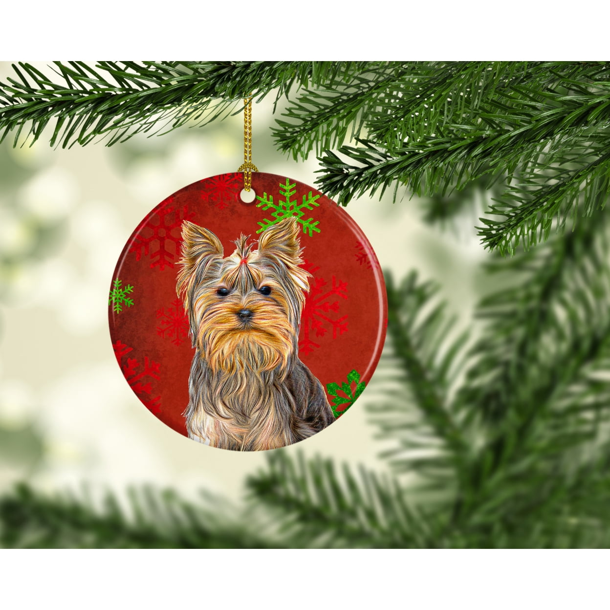 Carolines Treasures KJ1184CO1 Red Snowflakes Holiday Christmas Yorkie / Yorkshire Terrier Ceramic Ornament 3 in