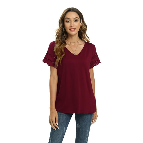 WBQ Women Shirts V Neck Short Sleeve Cotton Tops T-Shirt Basic Tees