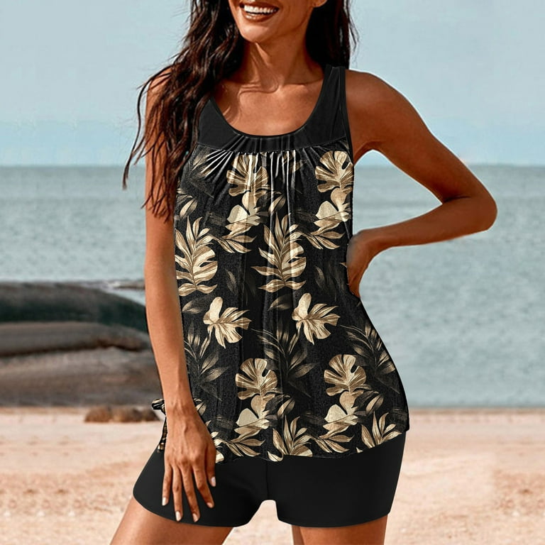 Firpearl Women's Modest Flowery Tankini Top - Plus Size Swimsuit With Cross Back & Tummy Control