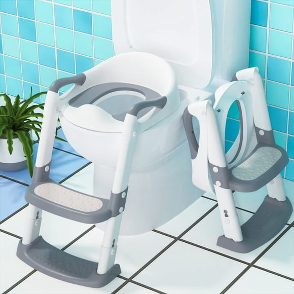 Asiento de Entrenamiento para Inodoro Infantil con Escalera - Altura Ajustable y Base Antideslizante - Ideal para Baños Públicos y Comerciales- Color: Gris