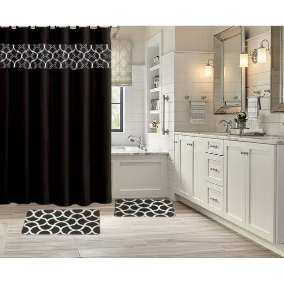 15-piece Geometric Black Hotel Bathroom Set - 2 Non-Slip Bath Mats/Rugs, 72x72 Polyester Shower Curtain, 12-Hooks