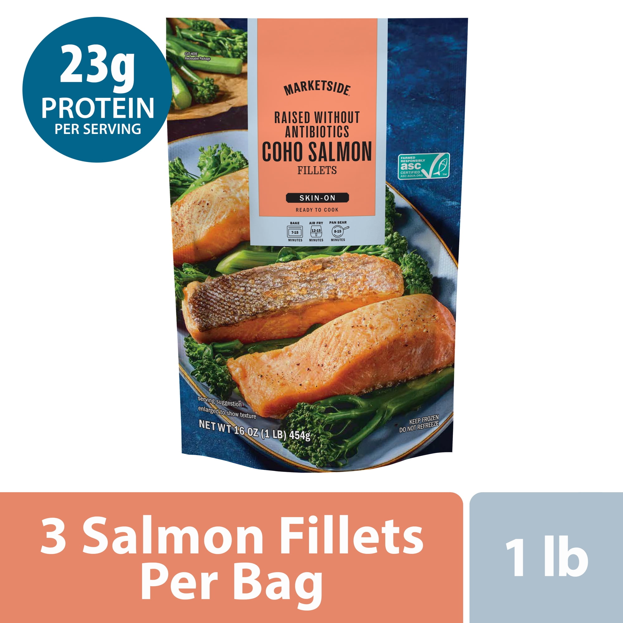 Marketside Coho Salmon Skin on Fillet, Raised Without Antibiotics, 1 lb Bag (Frozen)