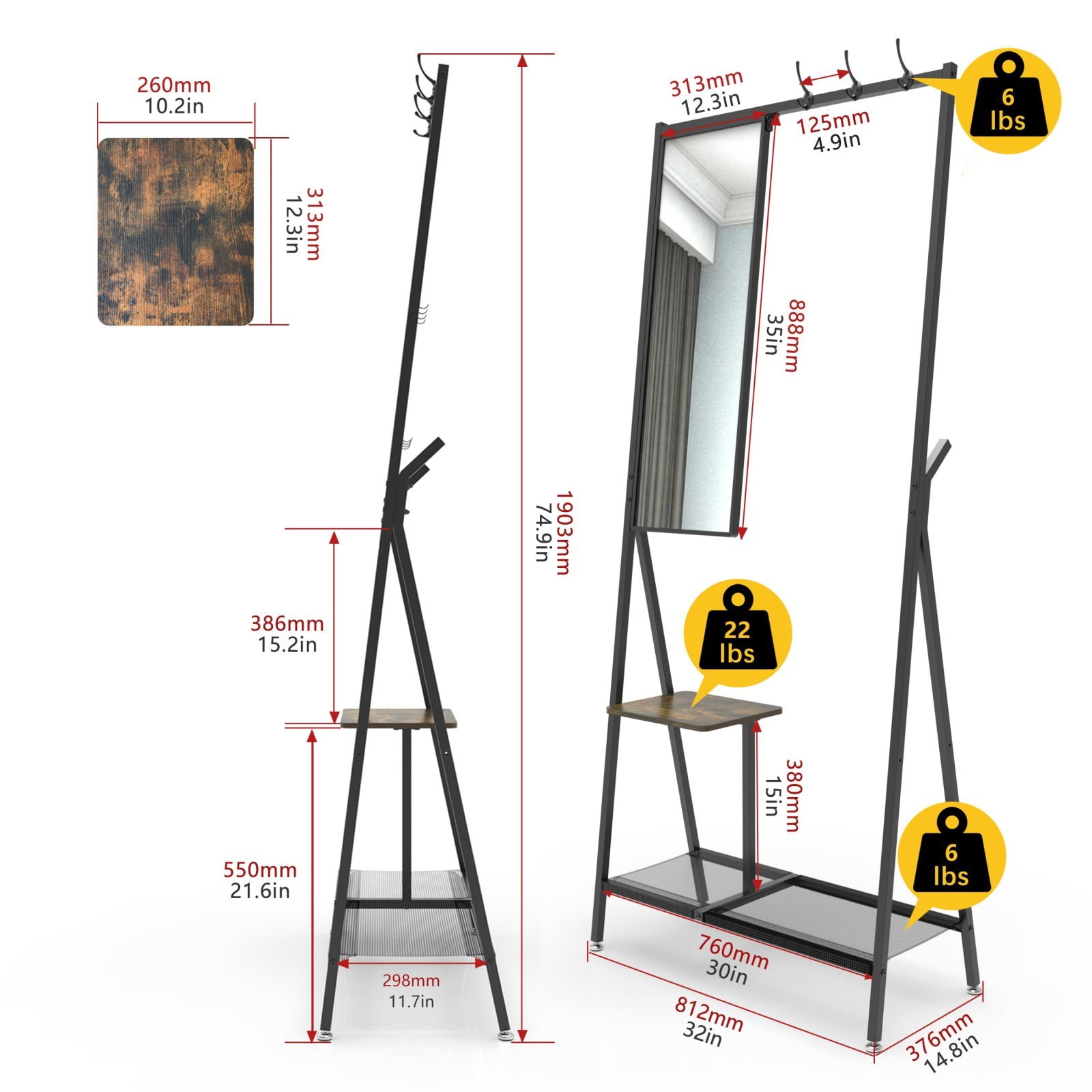 Industrial Coat Rack with Mirror, Multifunctional Wall Mounted Hall Tree with Shoe Storage & Hooks, Space-Saving Entryway Organizer for Living Room Bedroom Hallway, Rustic Brown & Black