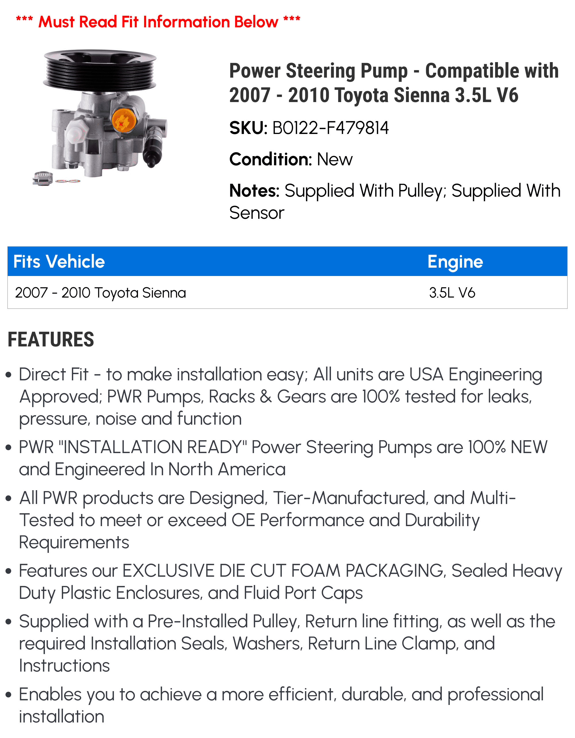 Power Steering Pump - Compatible with 2007 - 2010 Toyota Sienna 3.5L V6 2008 2009