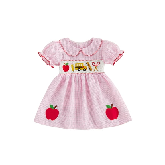 Cenuakty Kids Girls Back to School Dress Apple Pencil School Bus Embroidery Doll Collar Short Sleeve Dress Toddler Summer Casual Dress