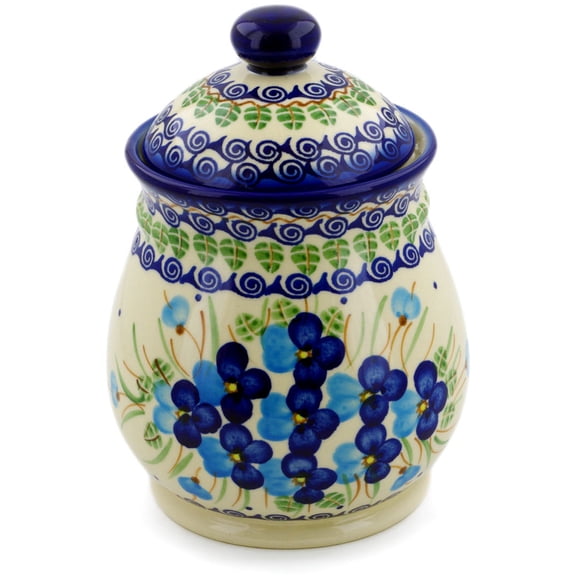 Polish Pottery 8-inch Jar with Lid (Blue Pansy Theme) Hand Painted in Boleslawiec, Poland   Certificate of Authenticity