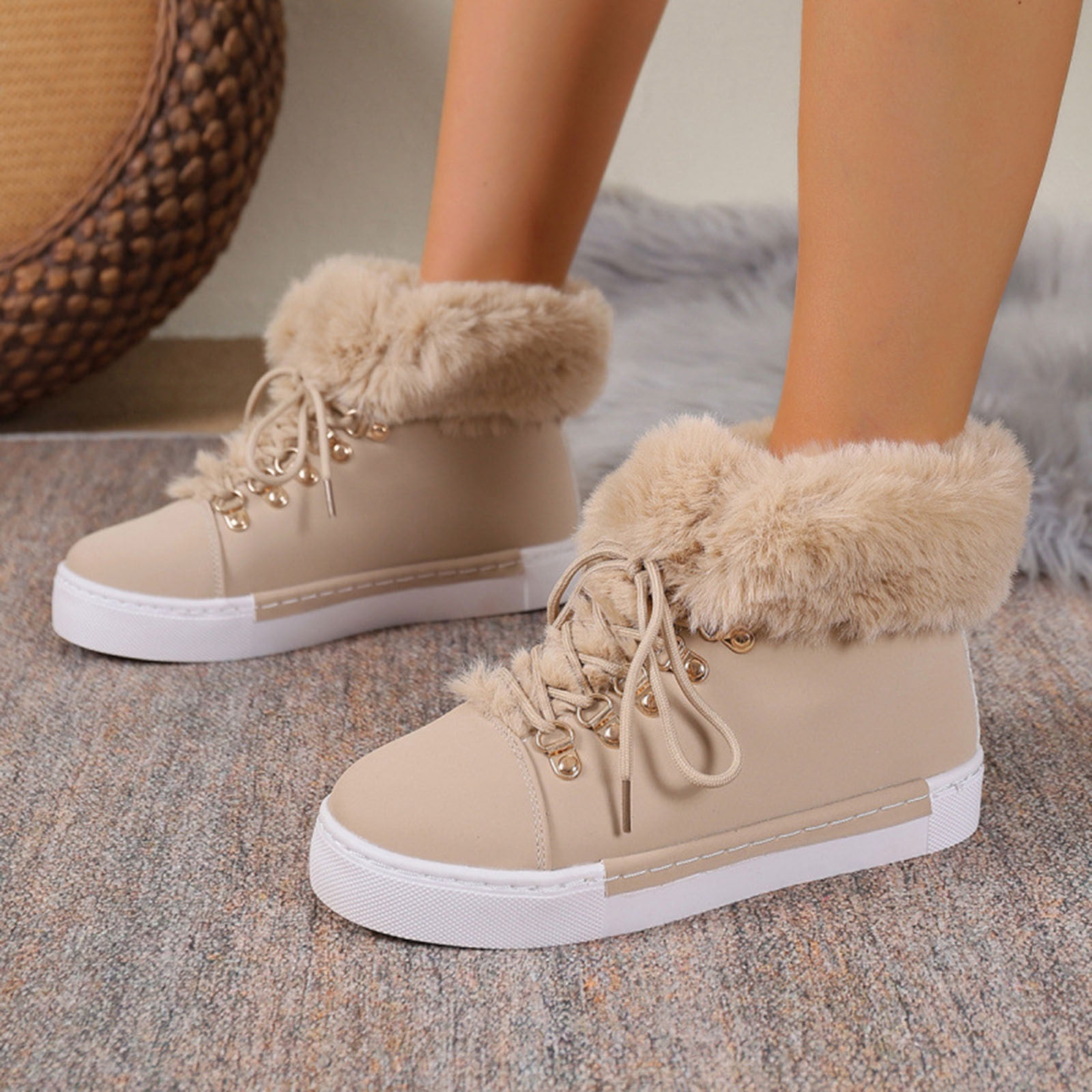 Dasayo Hiking Ladies Boots Ankle Yellow Furry Winter Faux Leather Lace up Flat Heel Shoes Shoes for Women 42
