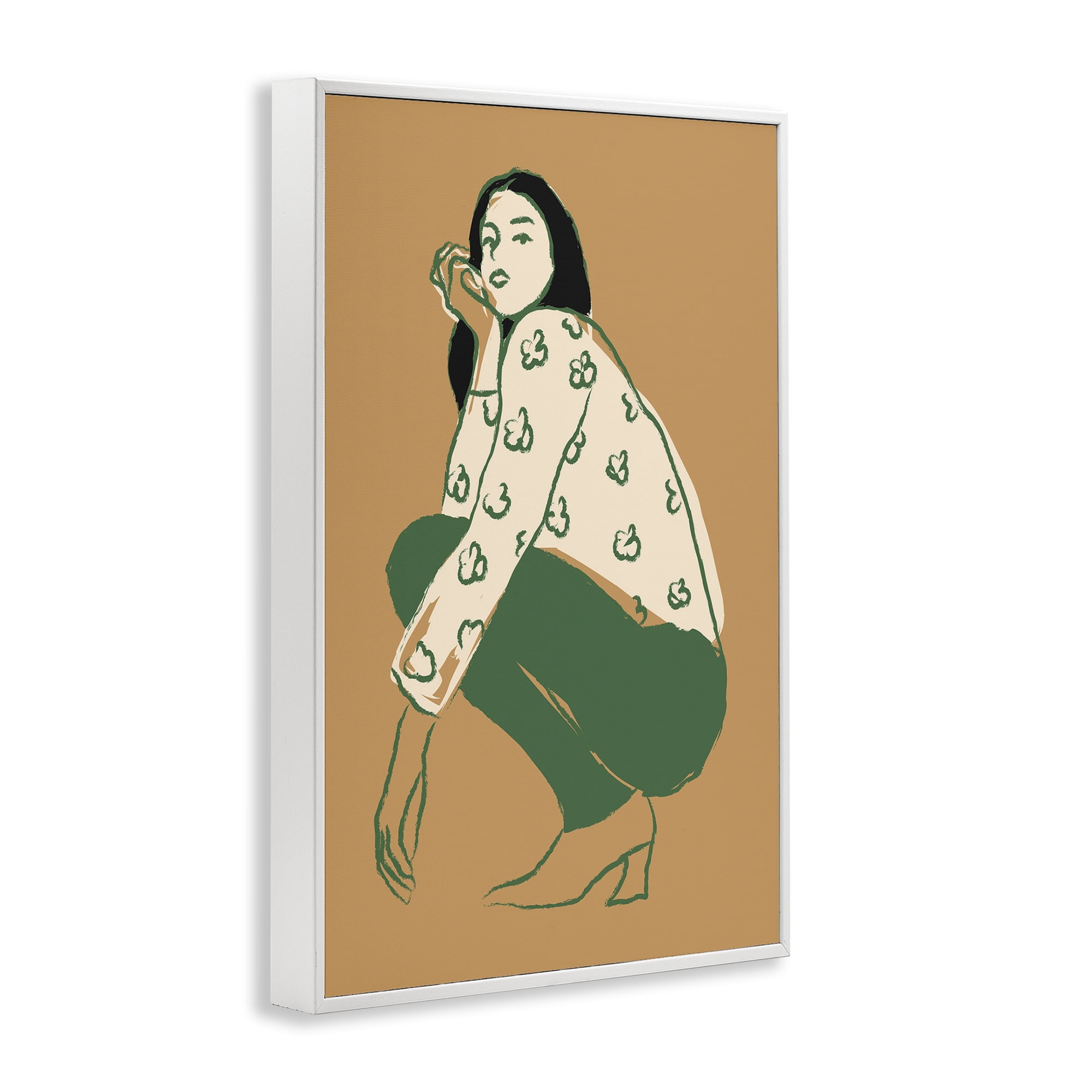 Stupell Industries Fashion Girl Kneeling Novelty Painting White Framed Art Print Wall Art, 12 x 18