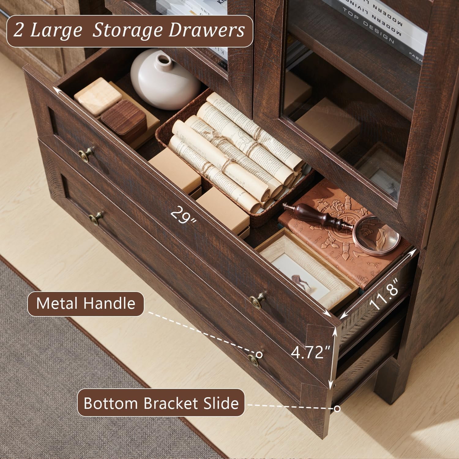 71" Tall Arched Bookshelf, 4-Tier Bookcase with Glass Doors and Shelves, Wooden Display Cabinet w/2 Large Storage Drawers