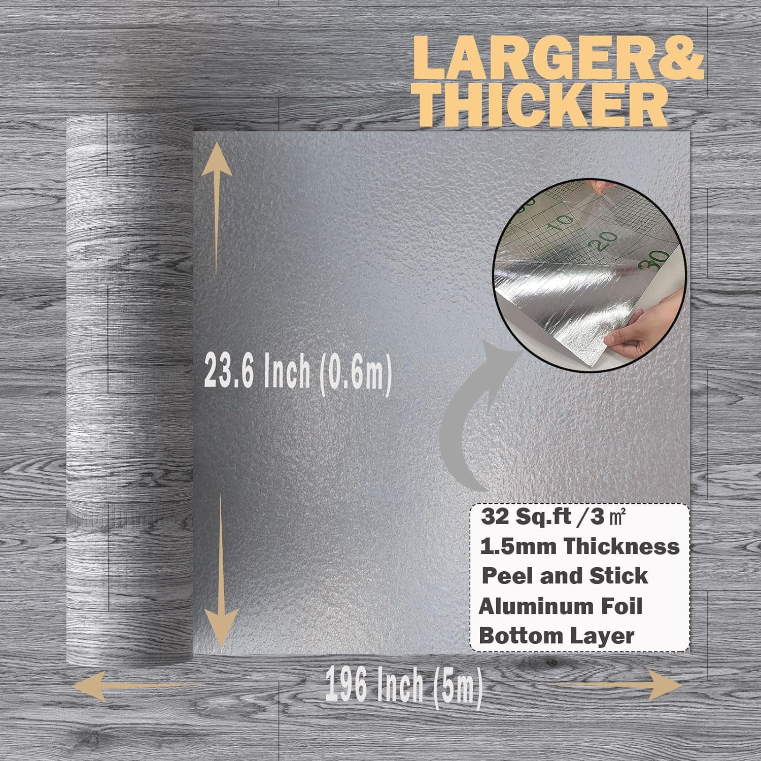 Homease PVC Peel and Stick Vinyl Flooring Roll 23"x 393"/64 Sq.Ft,Thicken Self-Adhesive Vinyl Wood Planks - Waterproof, Wear-Resistant,Easy DIY Install - Gray