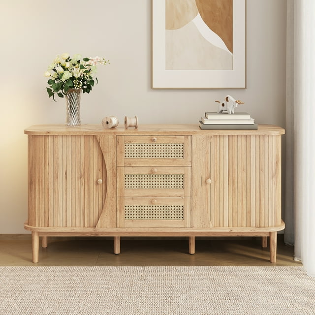HMSHA Sideboard,Rattan Dresser,Cabinet with Sliding Doors,Adjustable Shelves,and Rounded Top