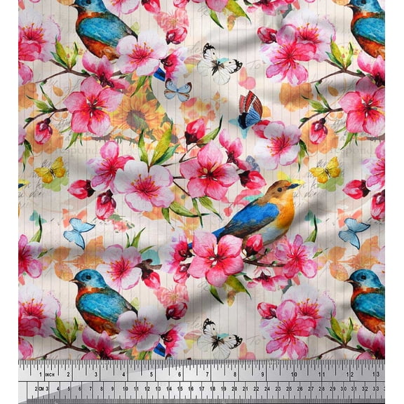 Soimoi White Cotton Voile Fabric Stripe,American Robin & Pink Floral Fabric Prints by Yard 42 Inch Wide