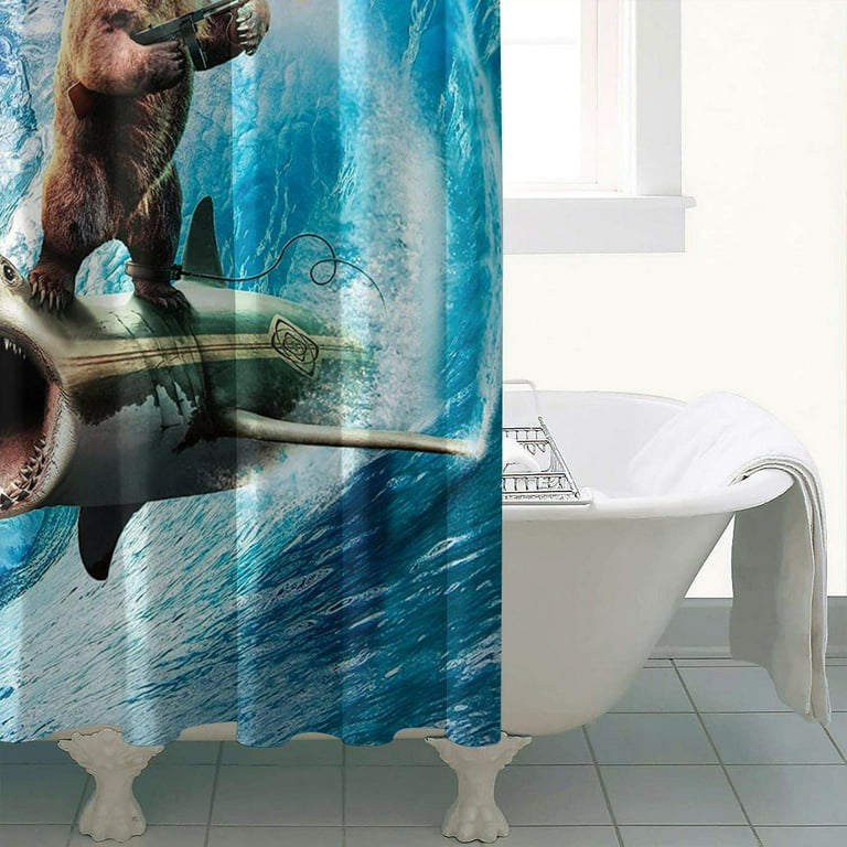 IORTY RTTY Bear Riding Shark Shower Curtain for Bathroom Waterproof 72X2  Inches Kid Funny Shower Curtain Decor Surfing Machine Gun Beach Theme Shower  Curtain with 12 Hooks 