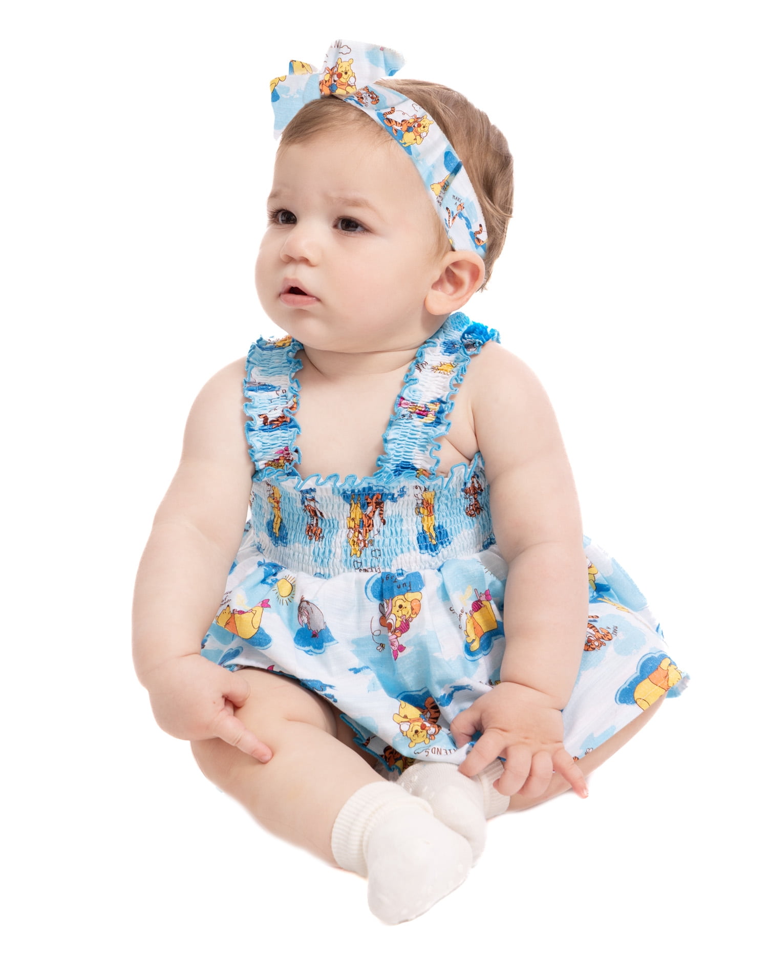 Winnie the Pooh Baby Girls' Smocked Cotton Tank Top, Shorts and Headband Set, 3-Piece, Sizes 0/3M-24M